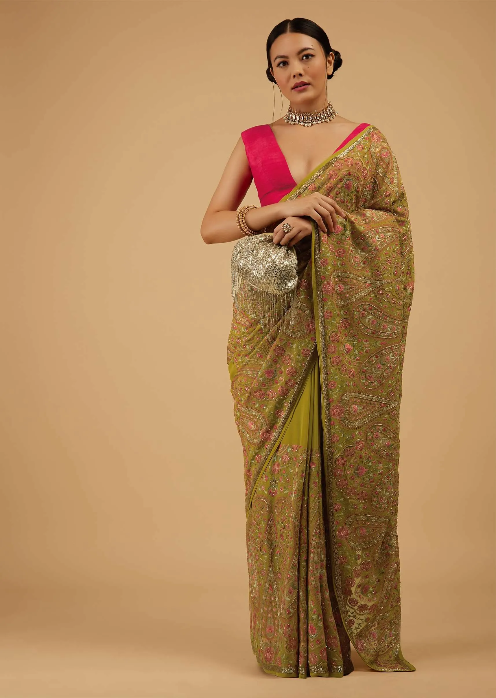 Festive Burnished Citrus Green Saree Kashmiri Embroidered In Georgette