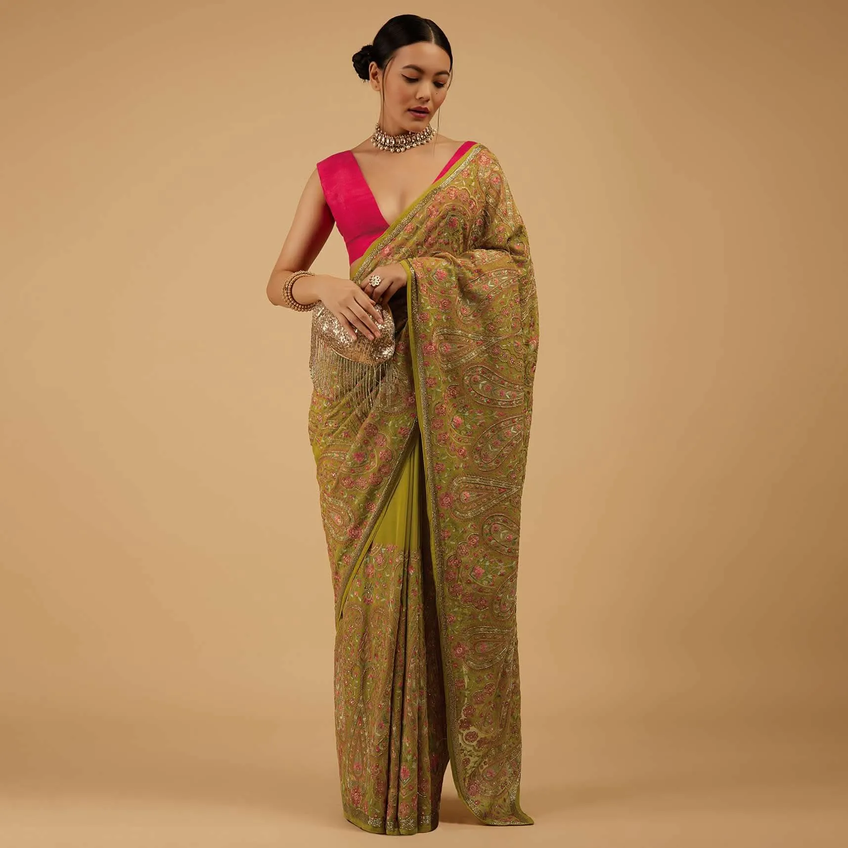 Festive Burnished Citrus Green Saree Kashmiri Embroidered In Georgette