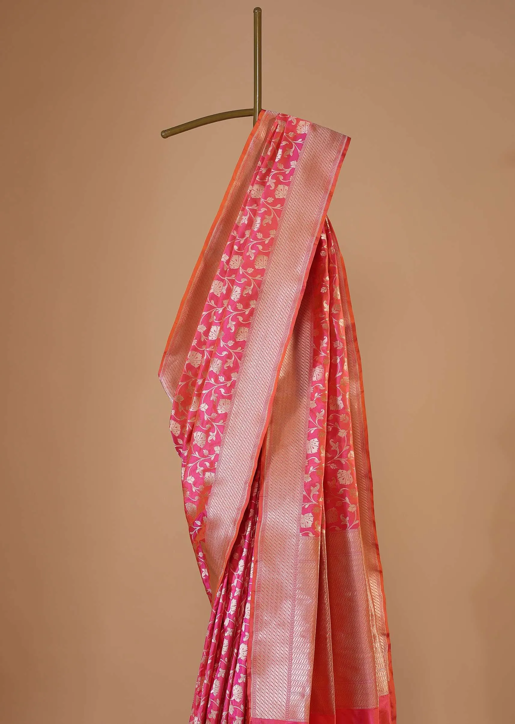 Fuschia Pink Handloom Saree In Uppada Silk With Single Zari Work And Unstitched Blouse