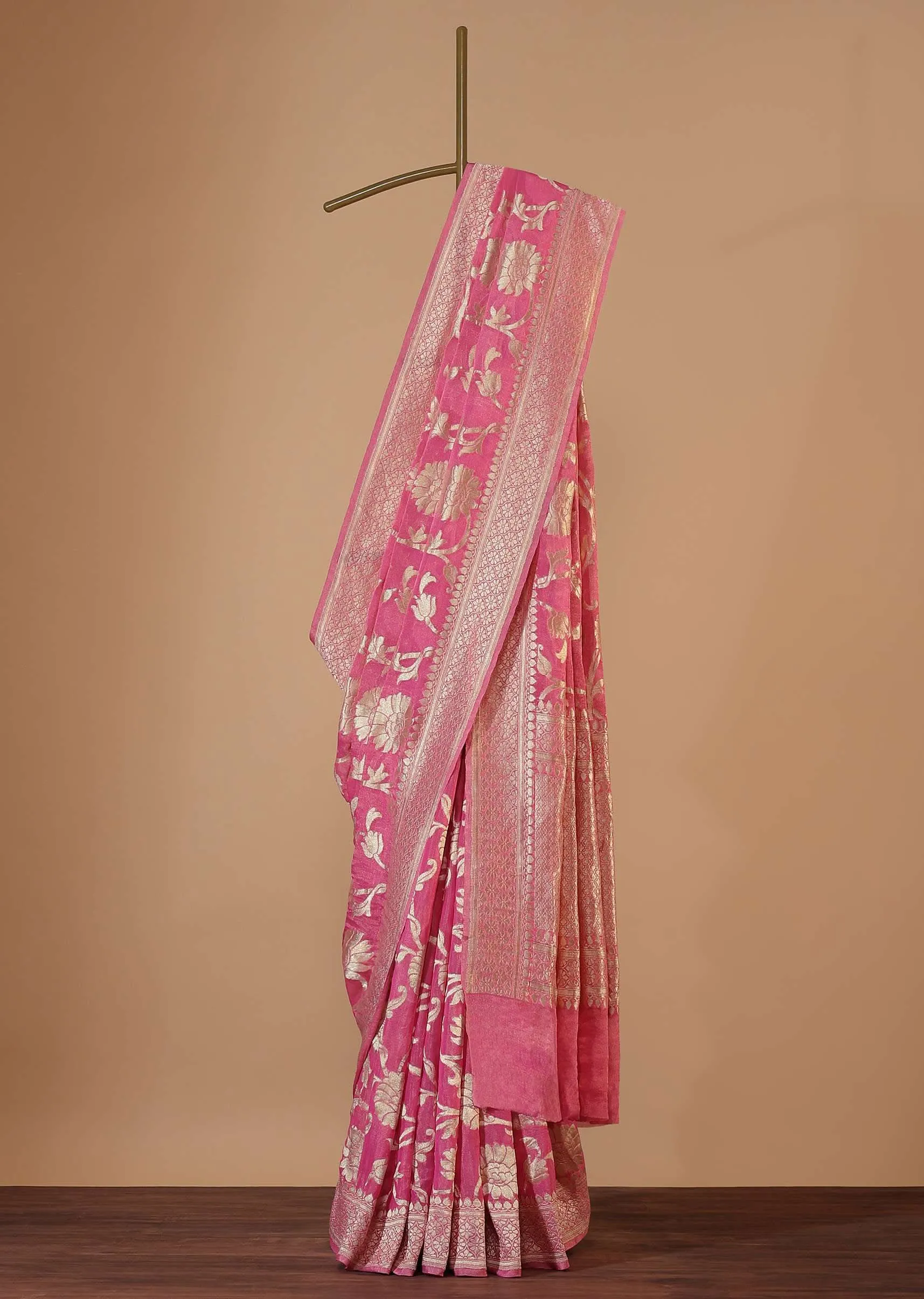 Fuschia Pink Saree In Tissue Georgette With Khaddi Work, Zari Weave And An Unstitched Blouse