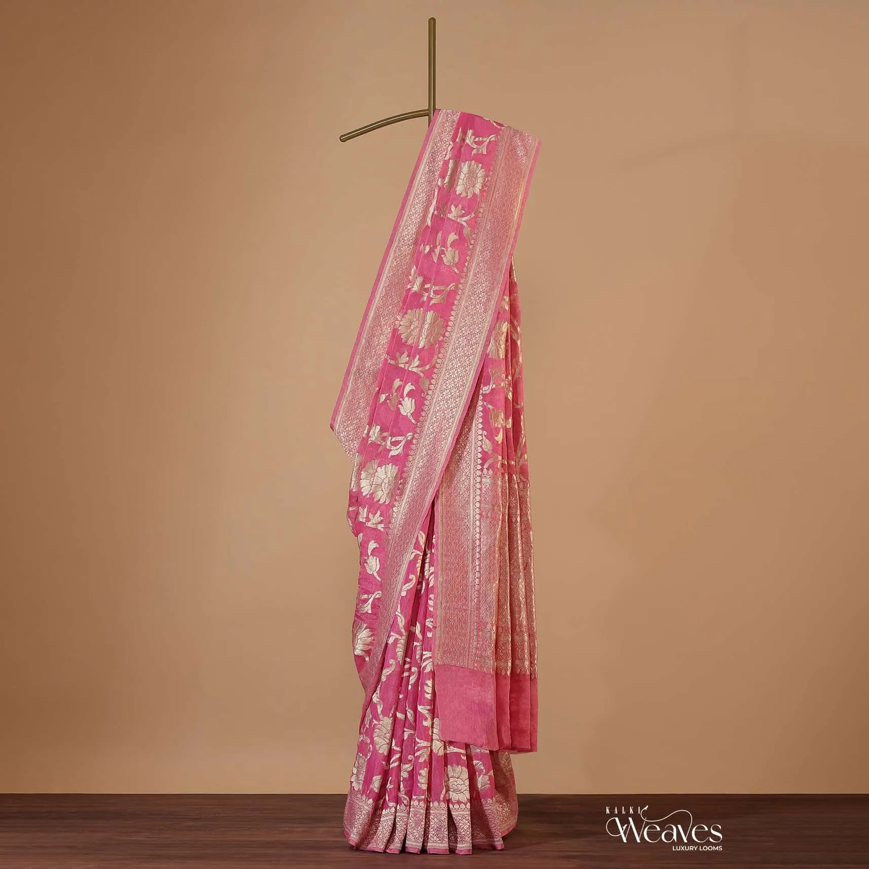 Fuschia Pink Saree In Tissue Georgette With Khaddi Work, Zari Weave And An Unstitched Blouse