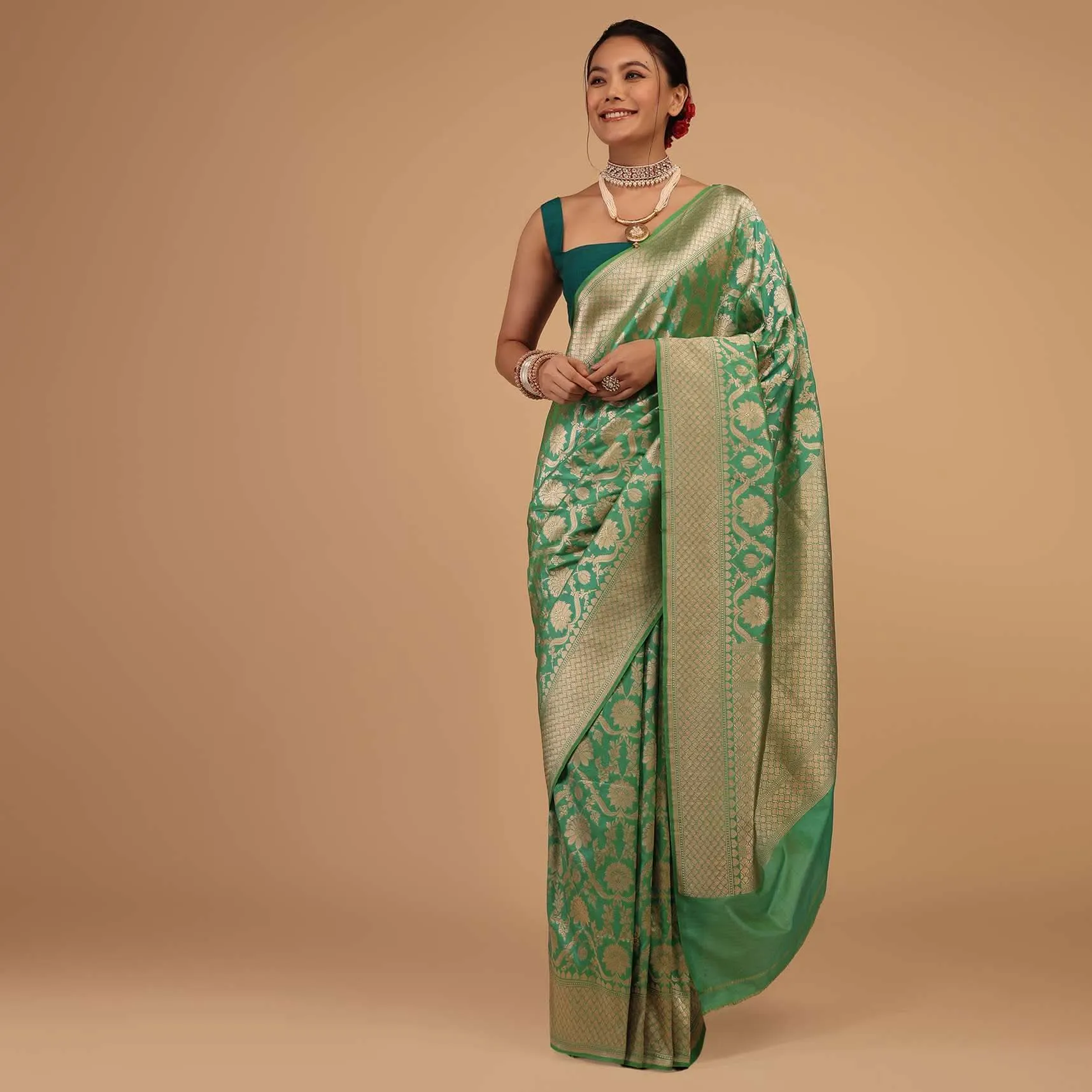 Grass Green Saree In Pure Banarasi Silk And Upada Zari Weave Floral Jaal Work