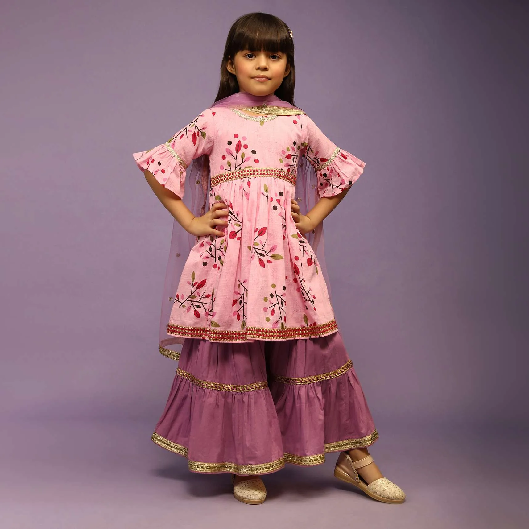 Kalki Girls Rose Pink Sharara And Peplum Suit In Cotton With Floral Print And Ruffle Sleeves