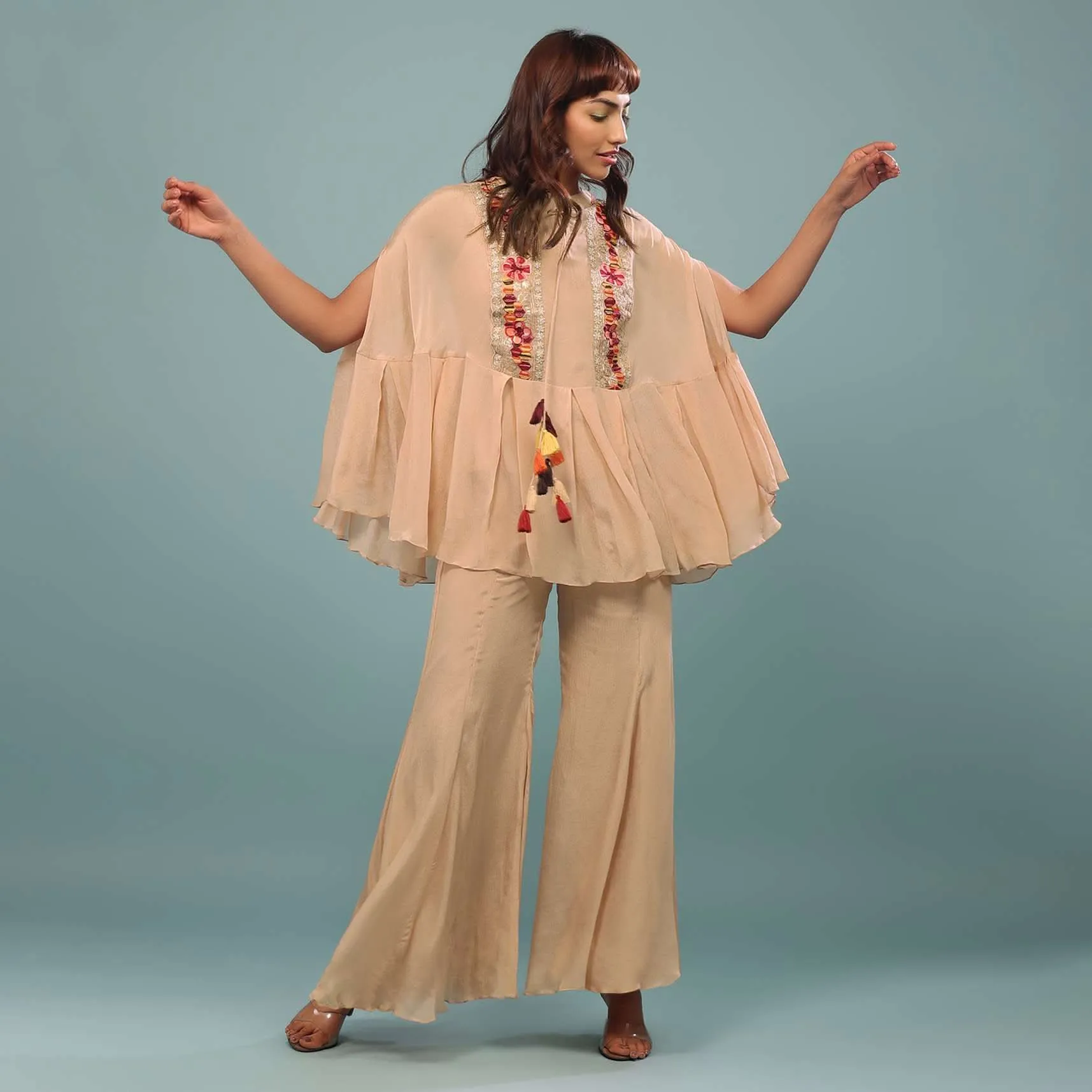 Light Peach Pink Embroidered Pant-Top Set In Chinon