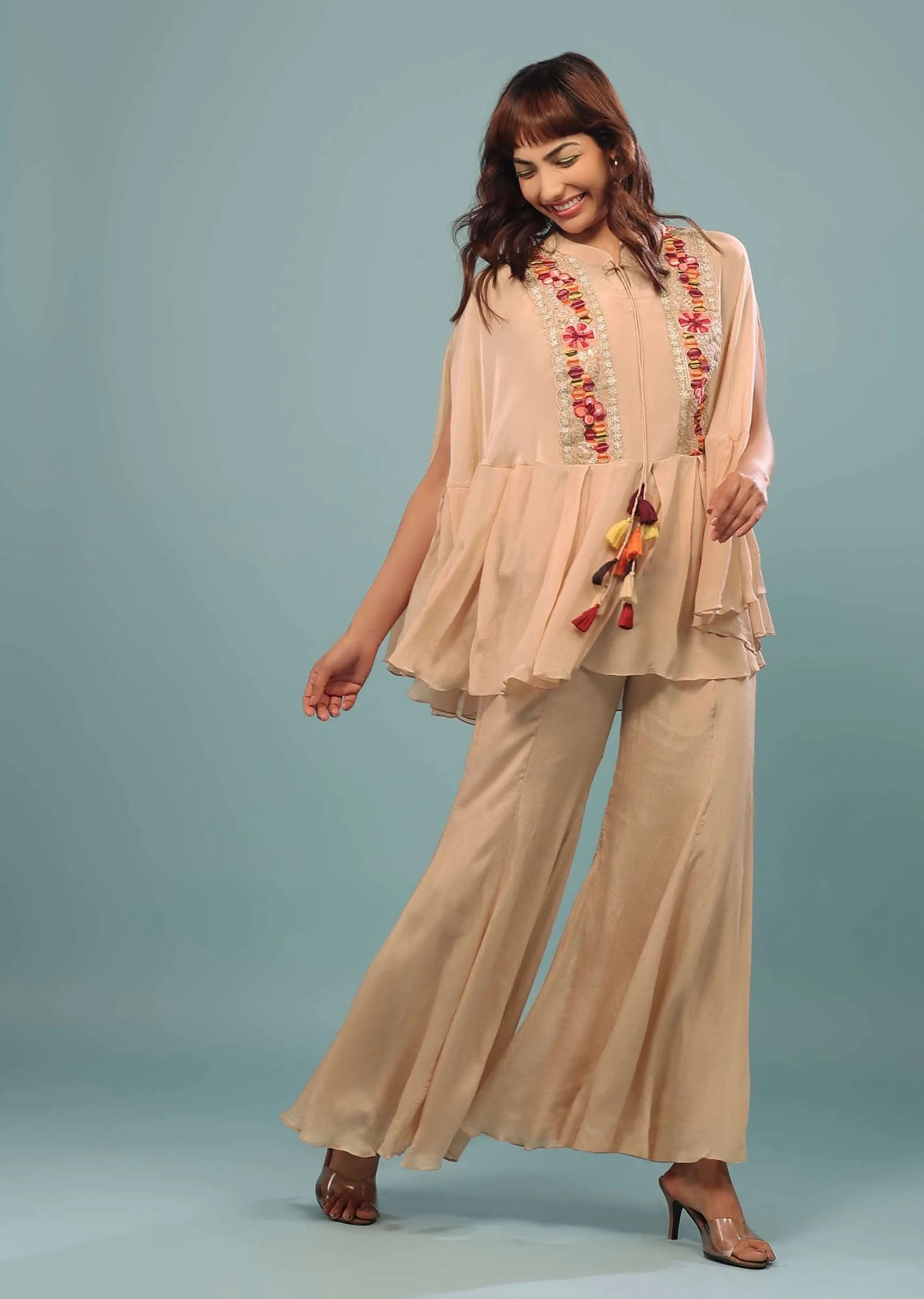 Light Peach Pink Embroidered Pant-Top Set In Chinon