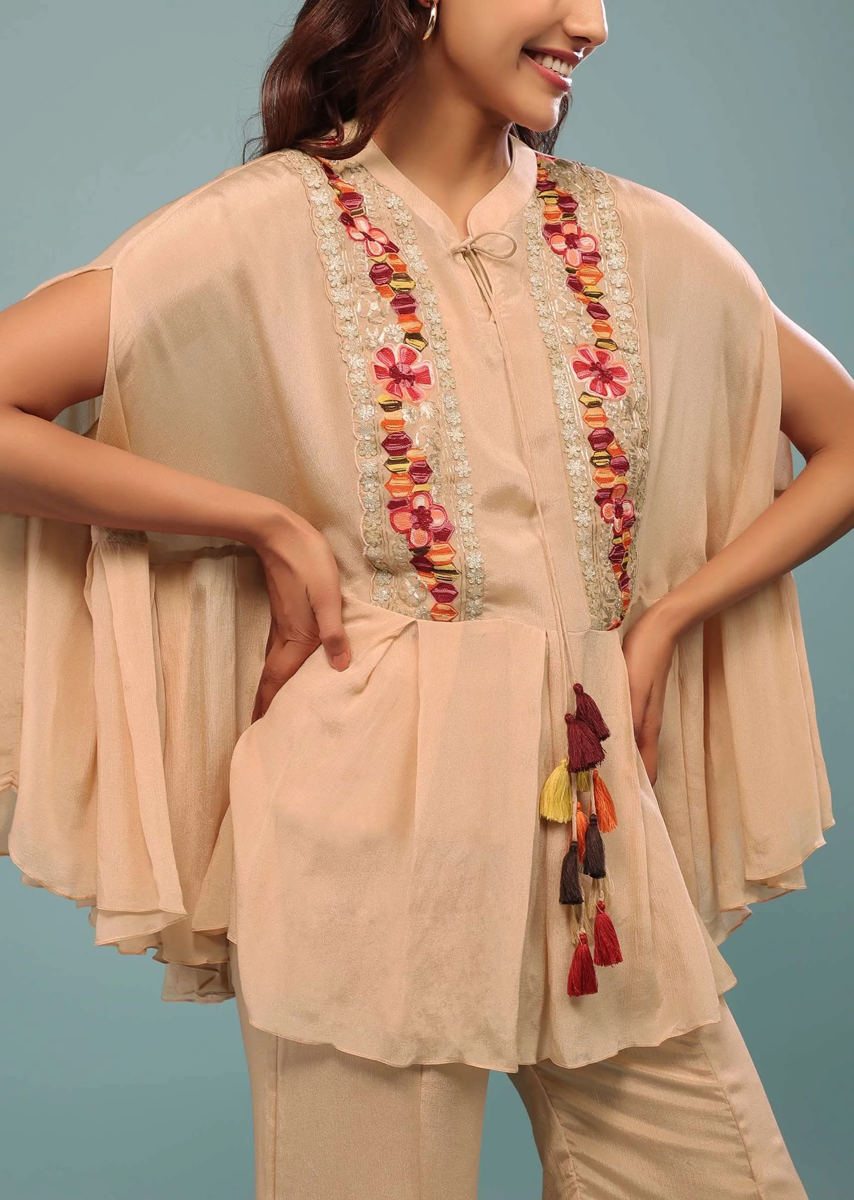 Light Peach Pink Embroidered Pant-Top Set In Chinon