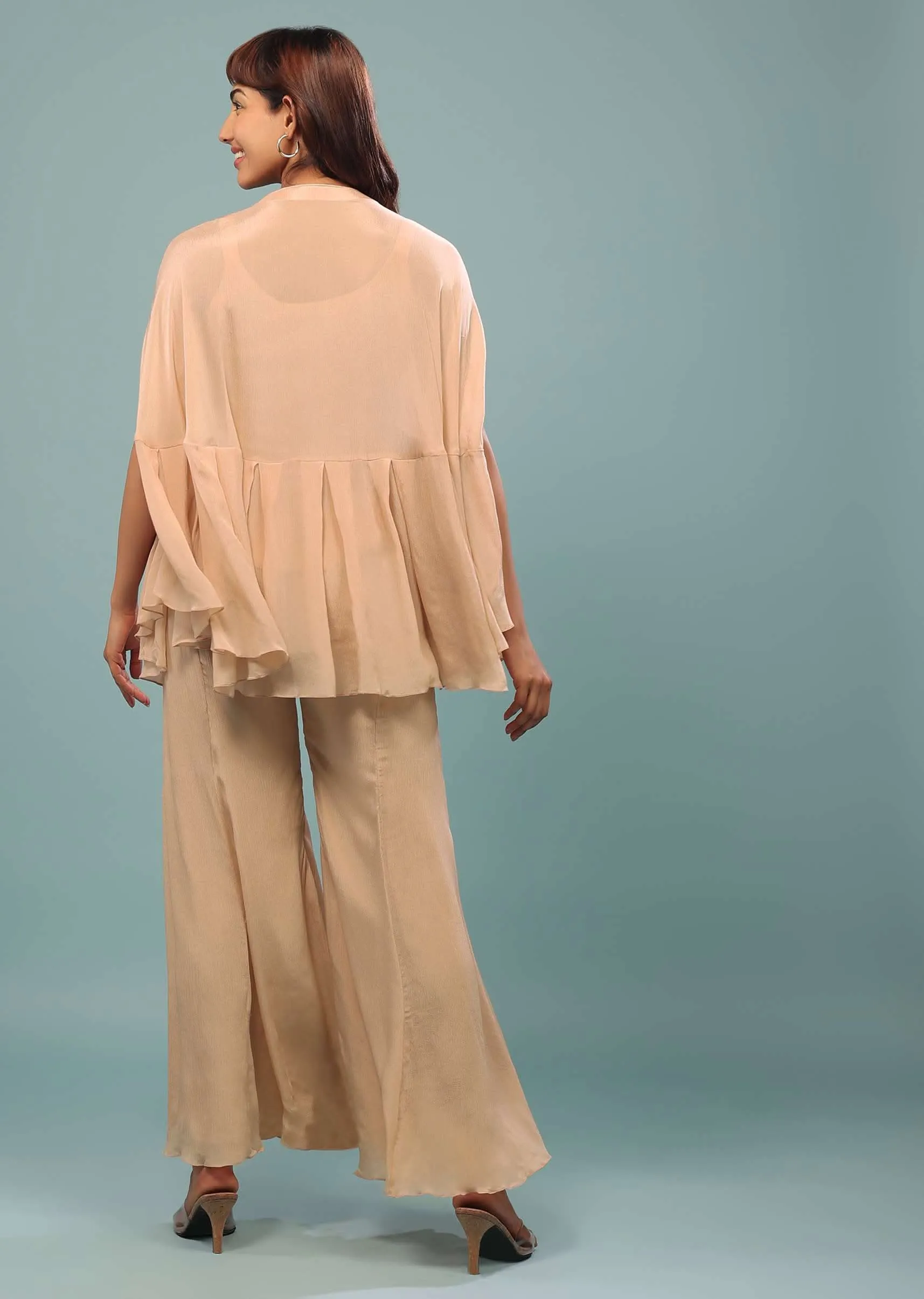 Light Peach Pink Embroidered Pant-Top Set In Chinon