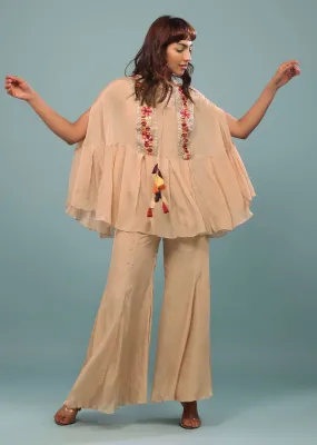 Light Peach Pink Embroidered Pant-Top Set In Chinon