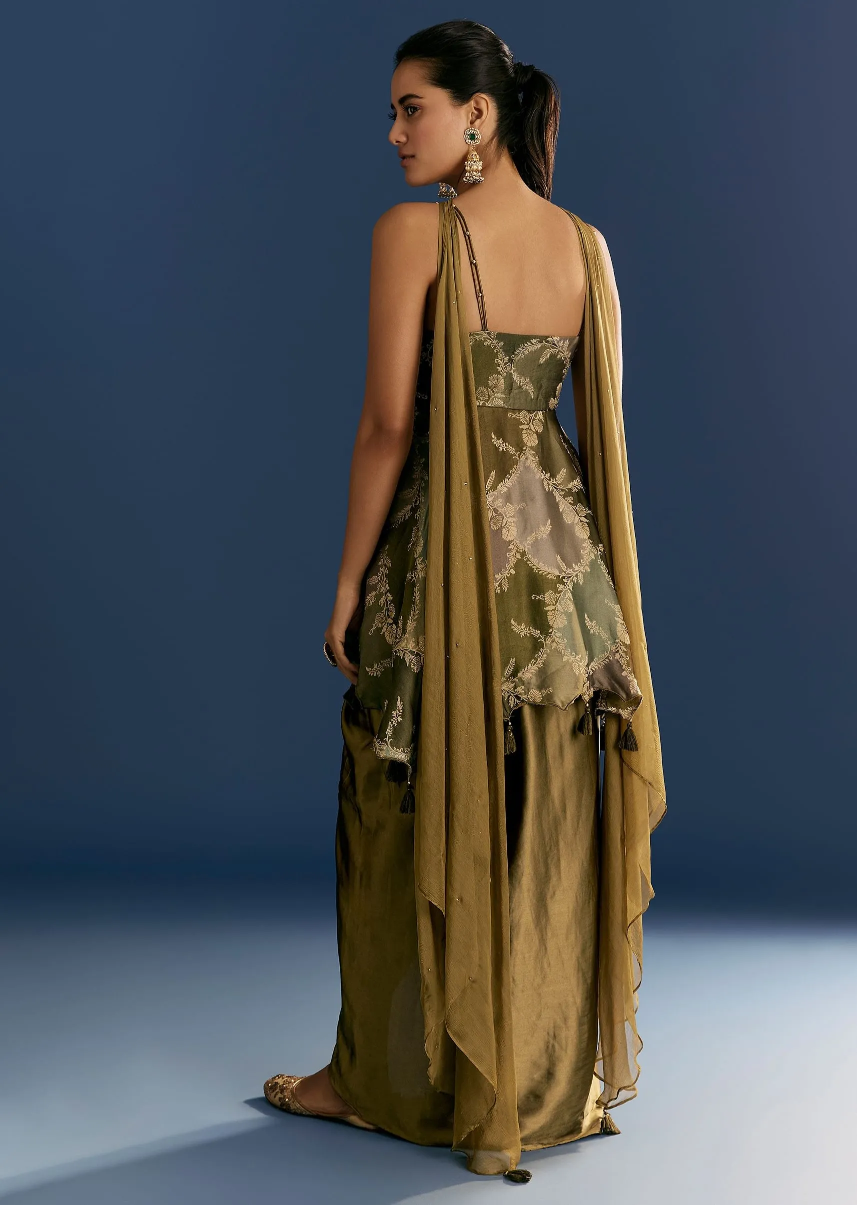 Mehendi Green Satin Embroidered Kurta Skirt With Dupatta