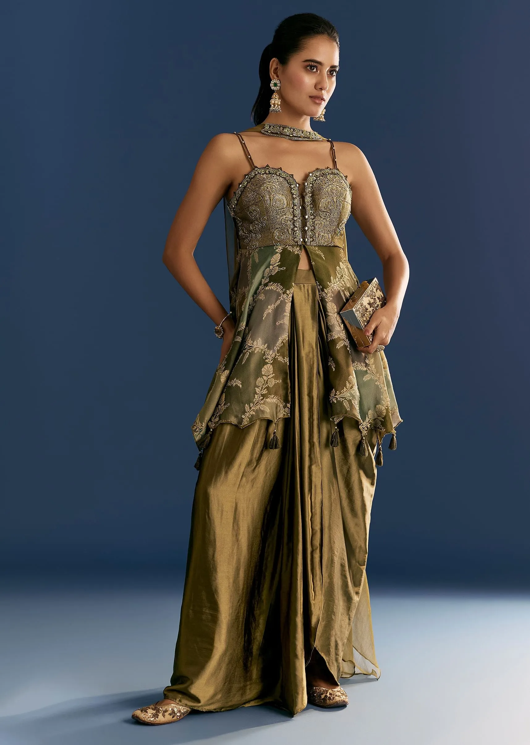 Mehendi Green Satin Embroidered Kurta Skirt With Dupatta