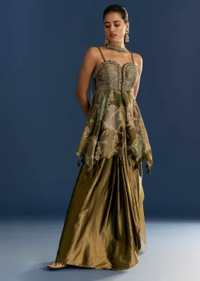 Mehendi Green Satin Embroidered Kurta Skirt With Dupatta
