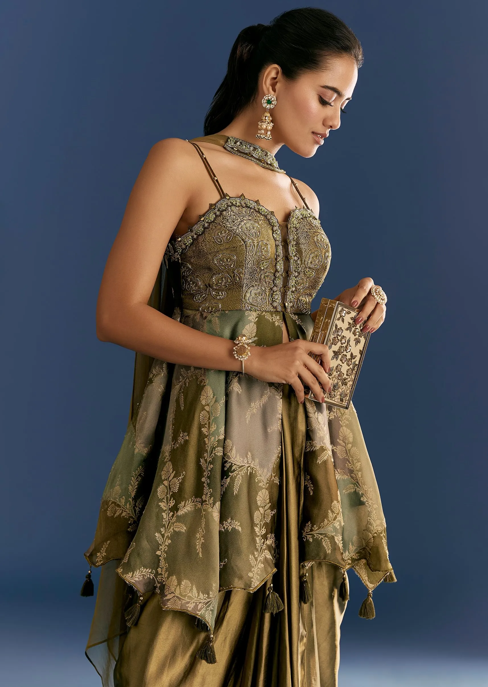Mehendi Green Satin Embroidered Kurta Skirt With Dupatta