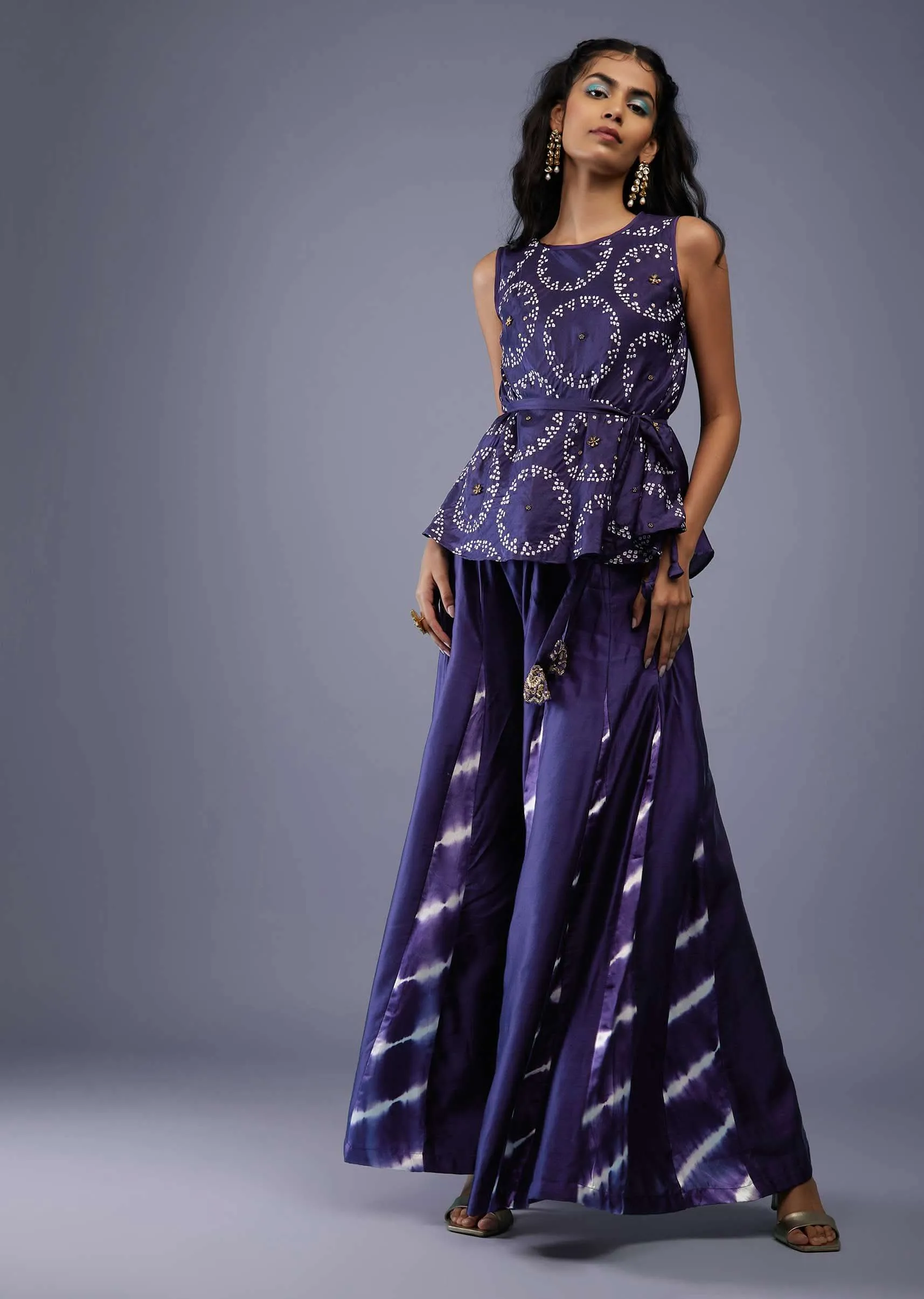 Midnight Blue Bandhani Print Peplum Top With Blue Tie-Dye Palazzo