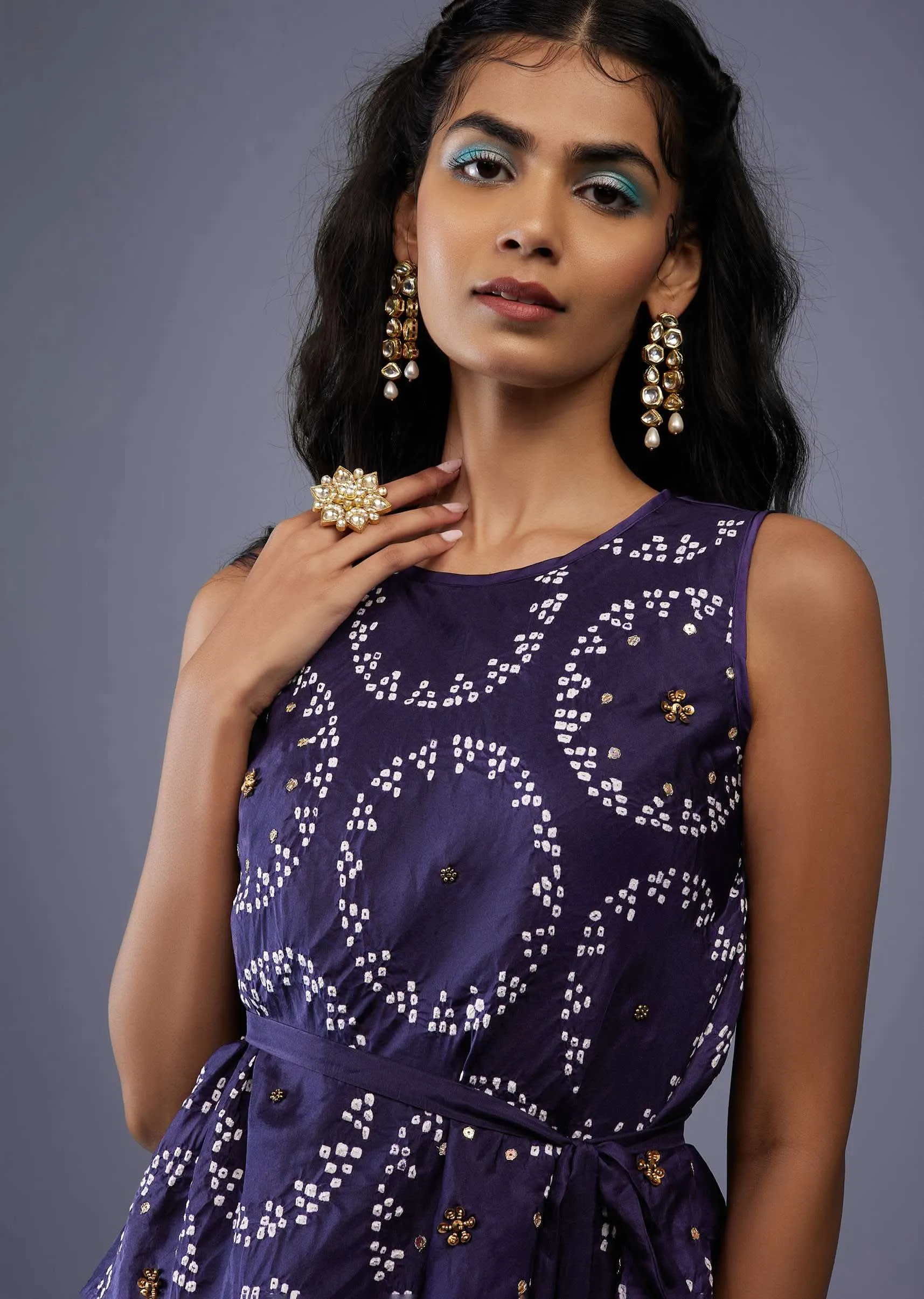 Midnight Blue Bandhani Print Peplum Top With Blue Tie-Dye Palazzo