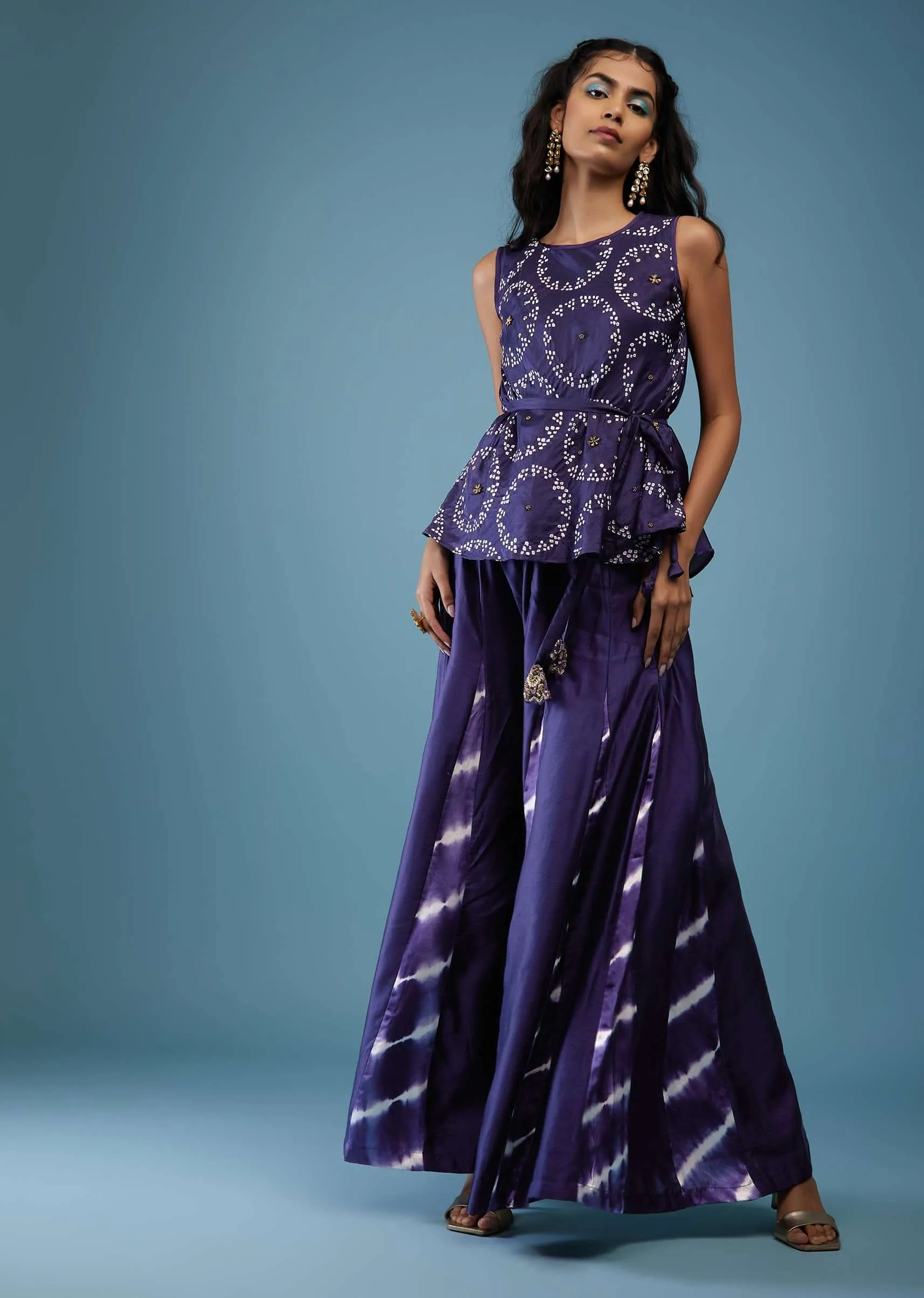 Midnight Blue Bandhani Print Peplum Top With Blue Tie-Dye Palazzo