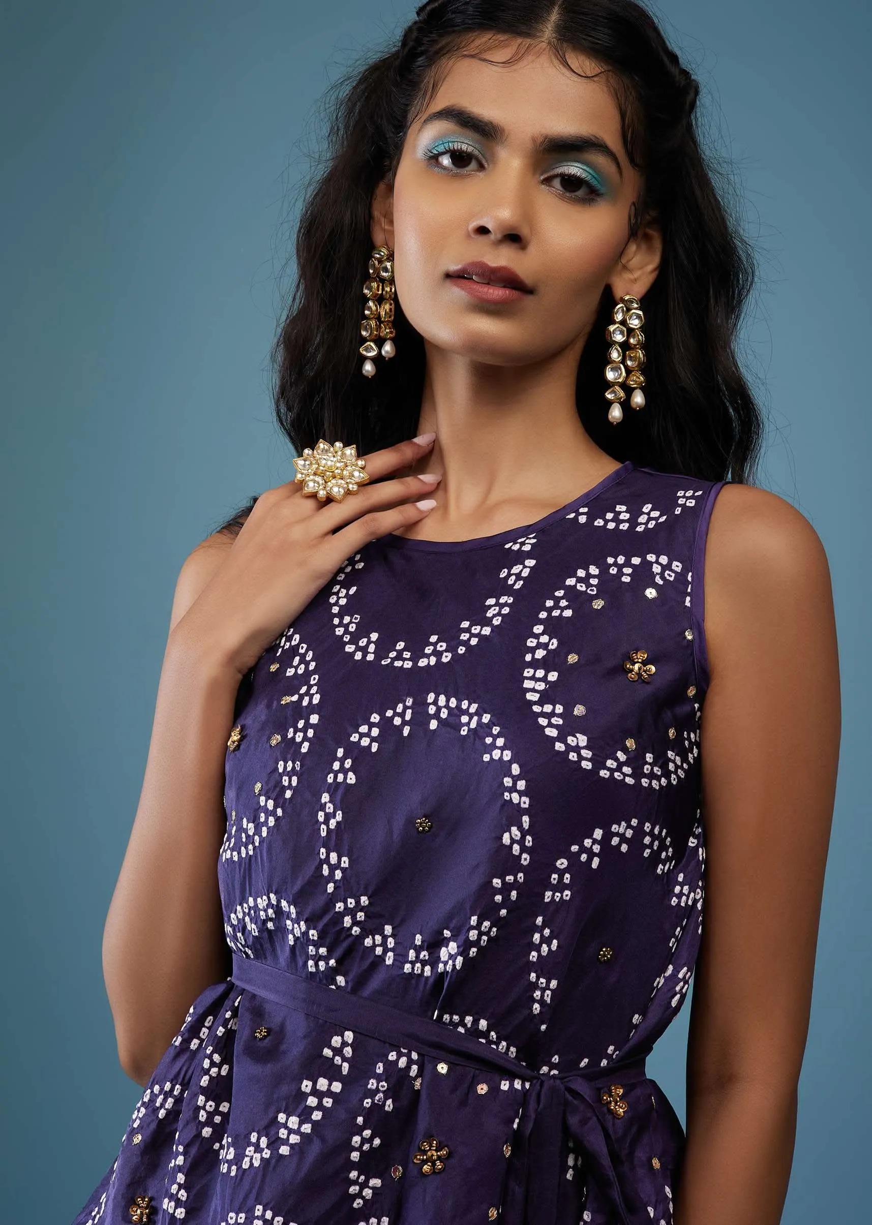 Midnight Blue Bandhani Print Peplum Top With Blue Tie-Dye Palazzo