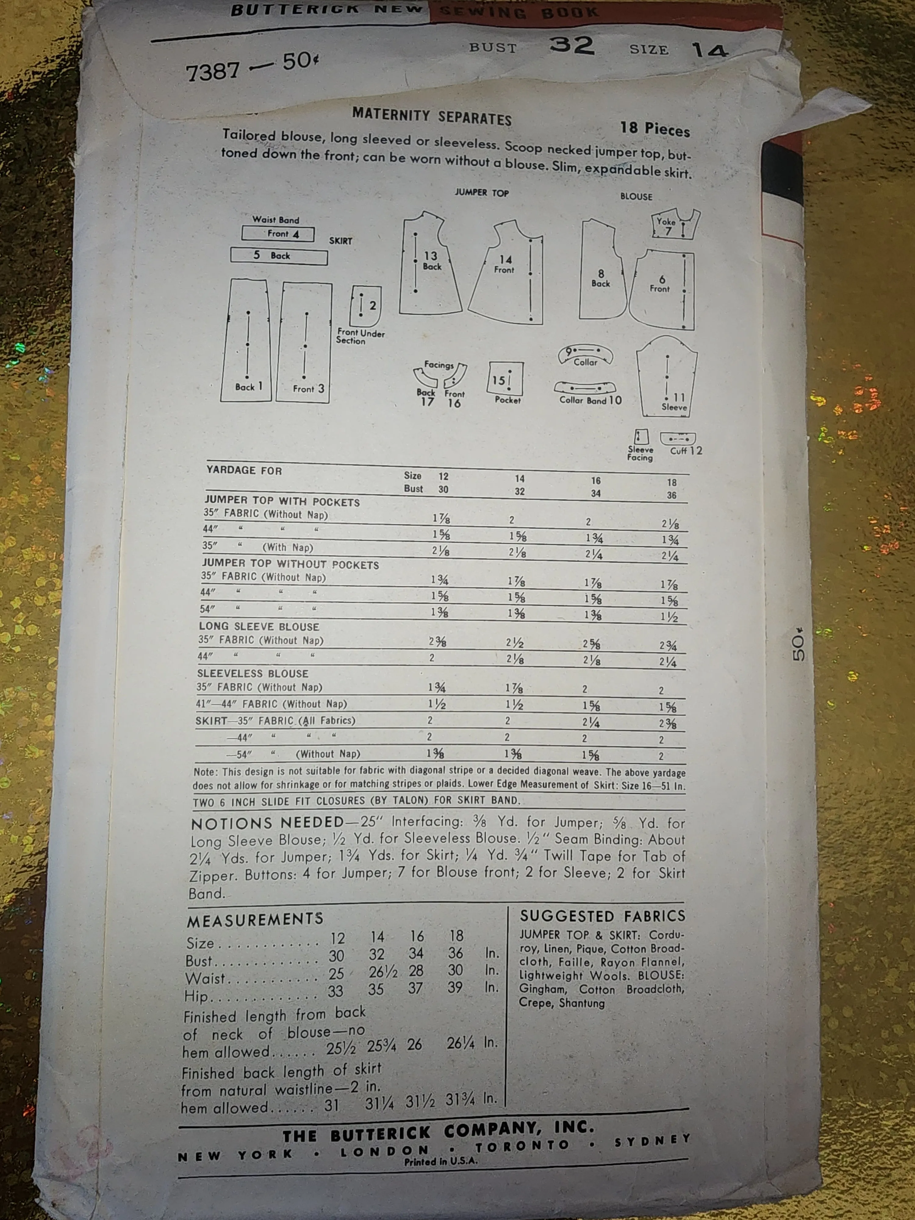 Vintage Advance Pattern 7387; Misses Maternity Wardrobe, Size 14,  bust 32 cut pattern ready to go.