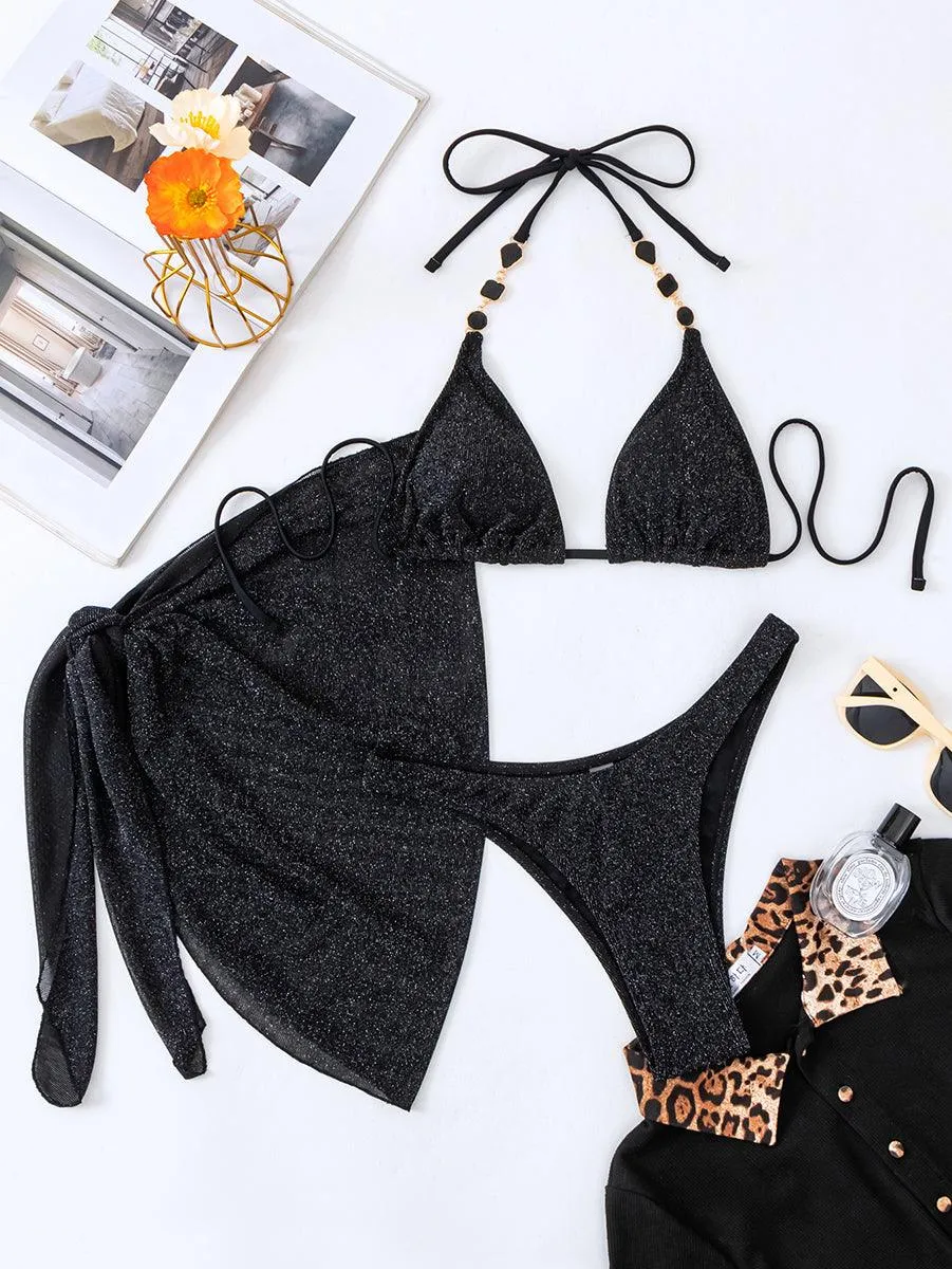 Women's Black Bikini Set with Cover-Up | Designer Swimwear | Sexy Beachwear