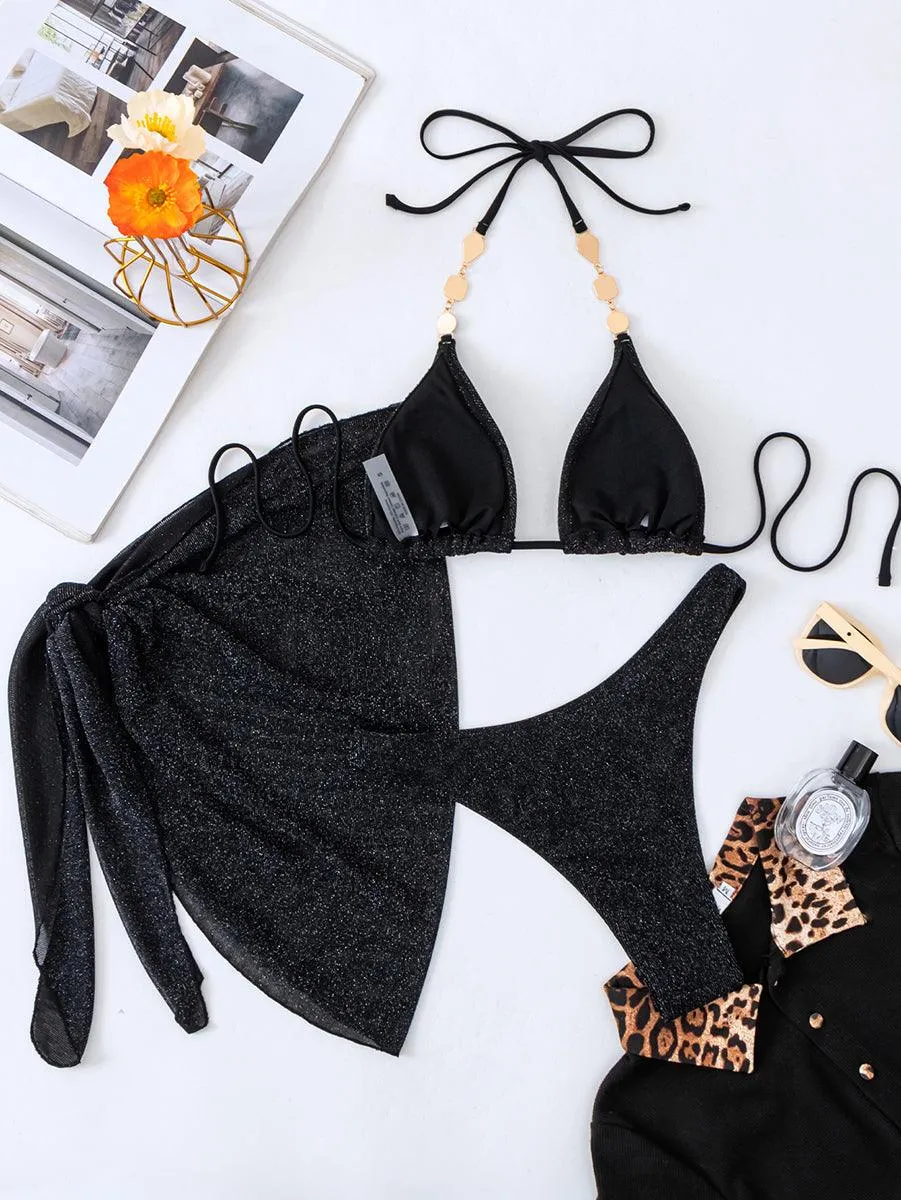 Women's Black Bikini Set with Cover-Up | Designer Swimwear | Sexy Beachwear