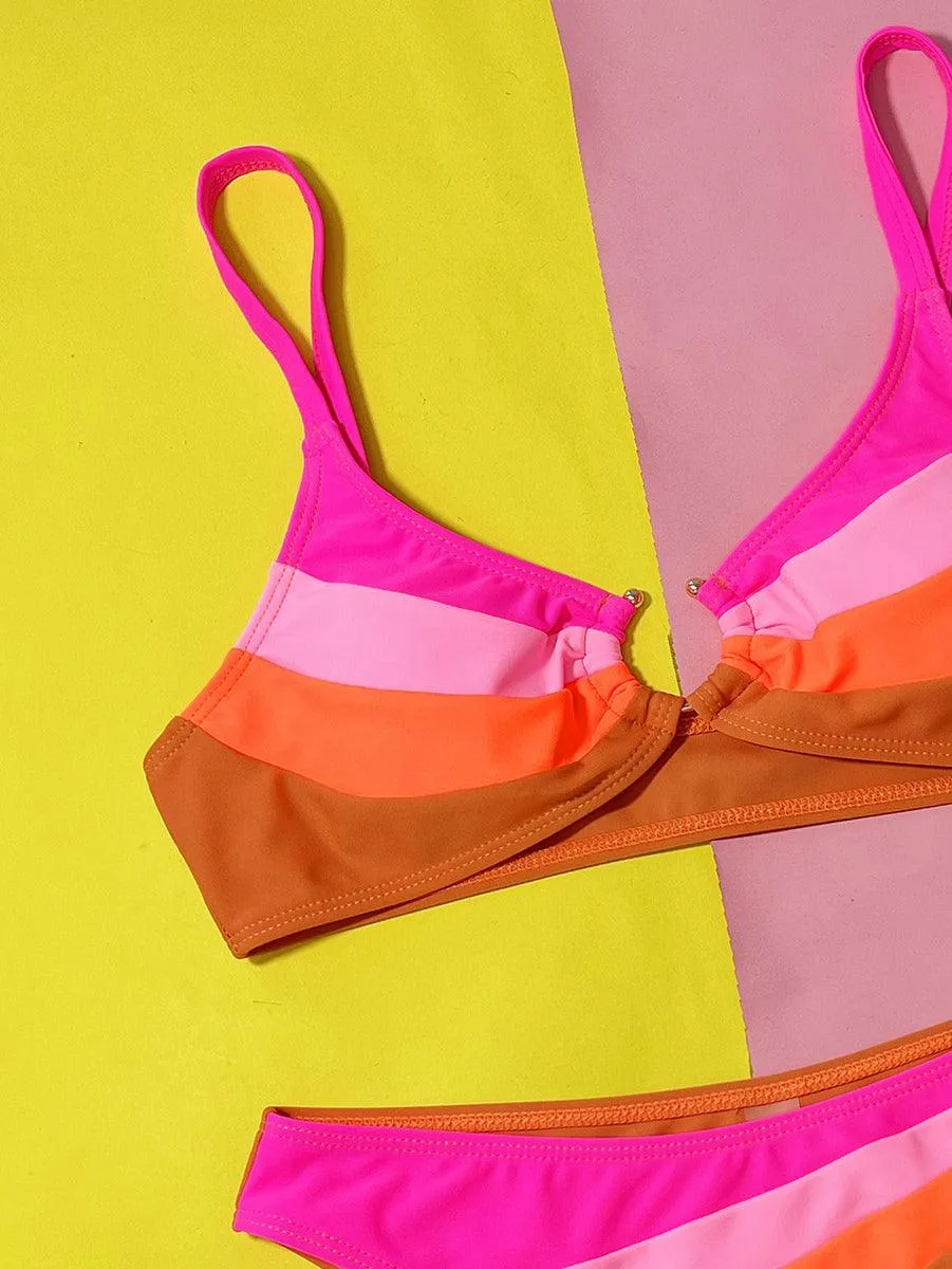 Women's Striped Bikini Set - Rose Red Two-Piece Bathing Suit